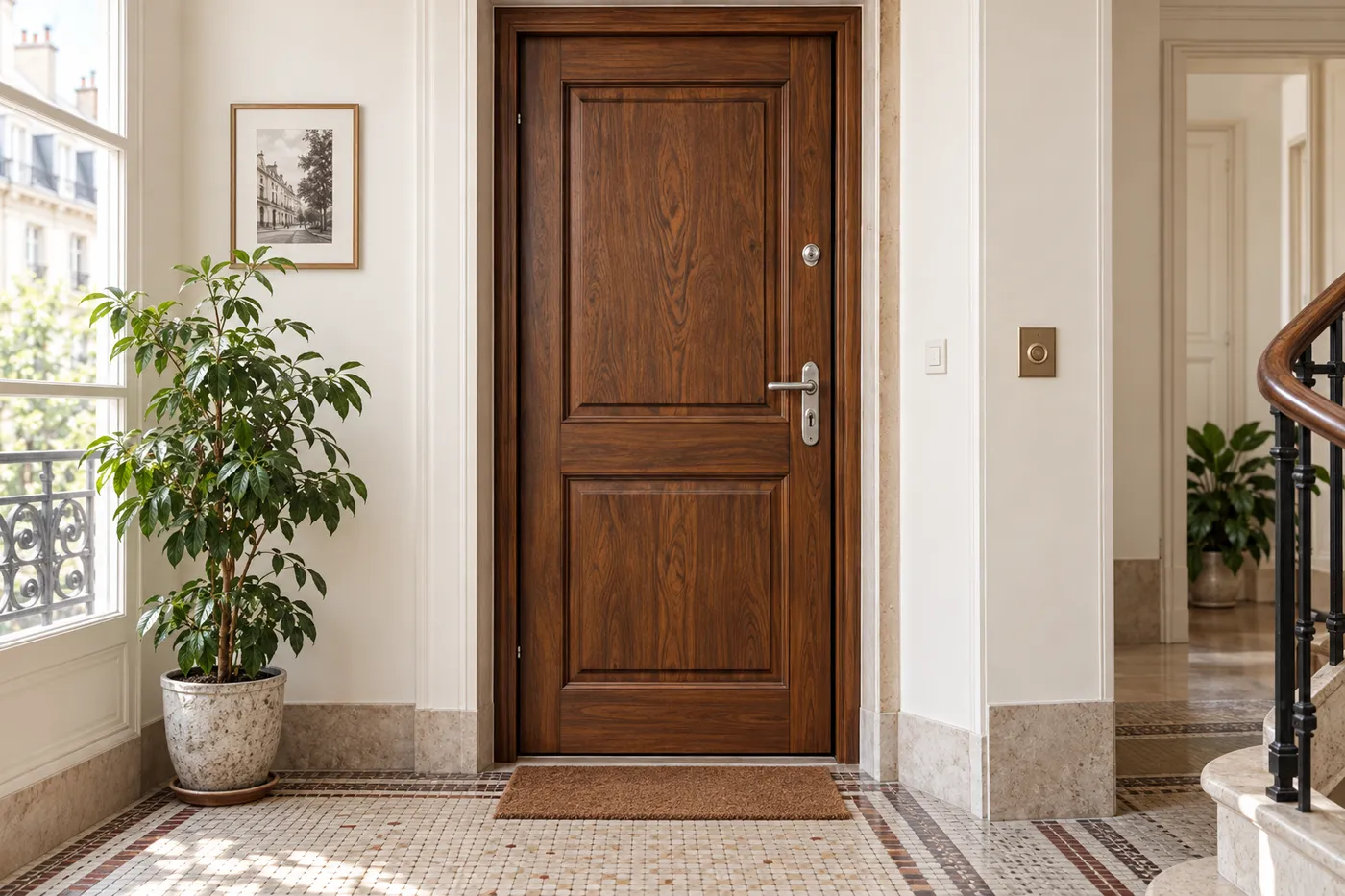 Porte d'entrée blindée à finition bois sur un palier d'immeuble à Montrouge