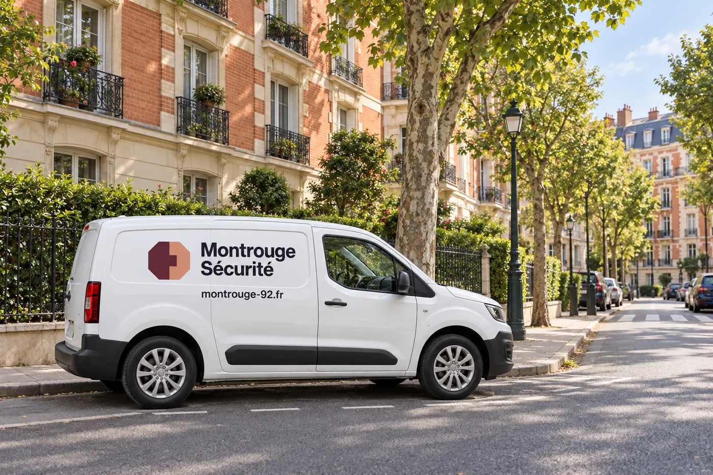 Utilitaire Montrouge Sécurité garé dans une rue d'immeubles en brique à Montrouge